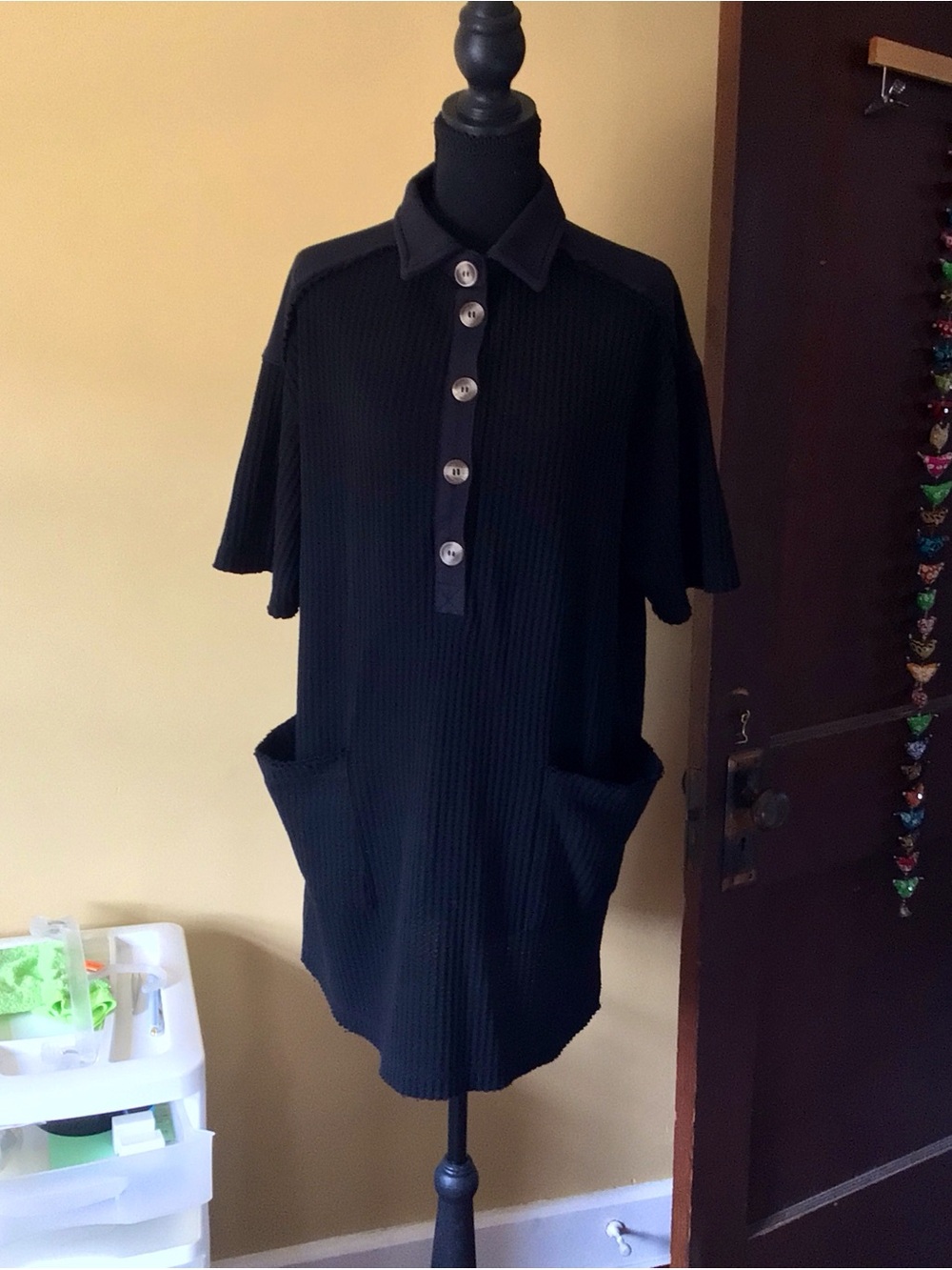 Black Ribbed Polo Midi Dress with Front Pockets